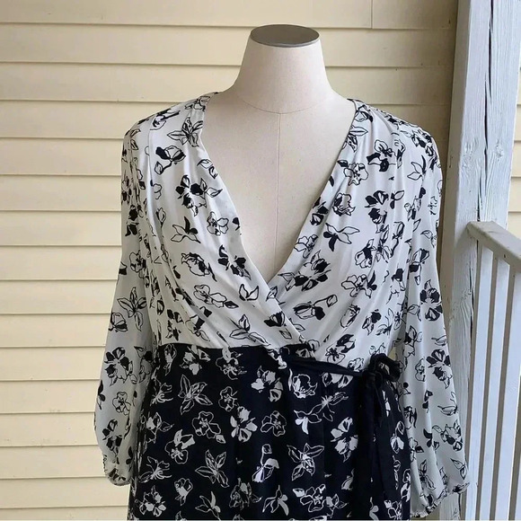 Lane Bryant x Beauticurve Plus Size 14 Black White Floral Midi Wrap Dress Hi Low - Picture 6 of 11